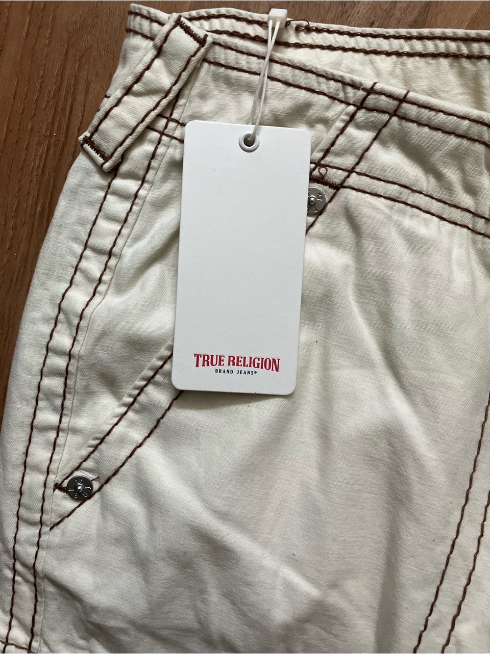 True Religion Winter White Cargo Pants with Brown Stitching